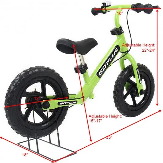 12" Four Colors Kids Balance Bike Scooter with Brakes and Bell-Green