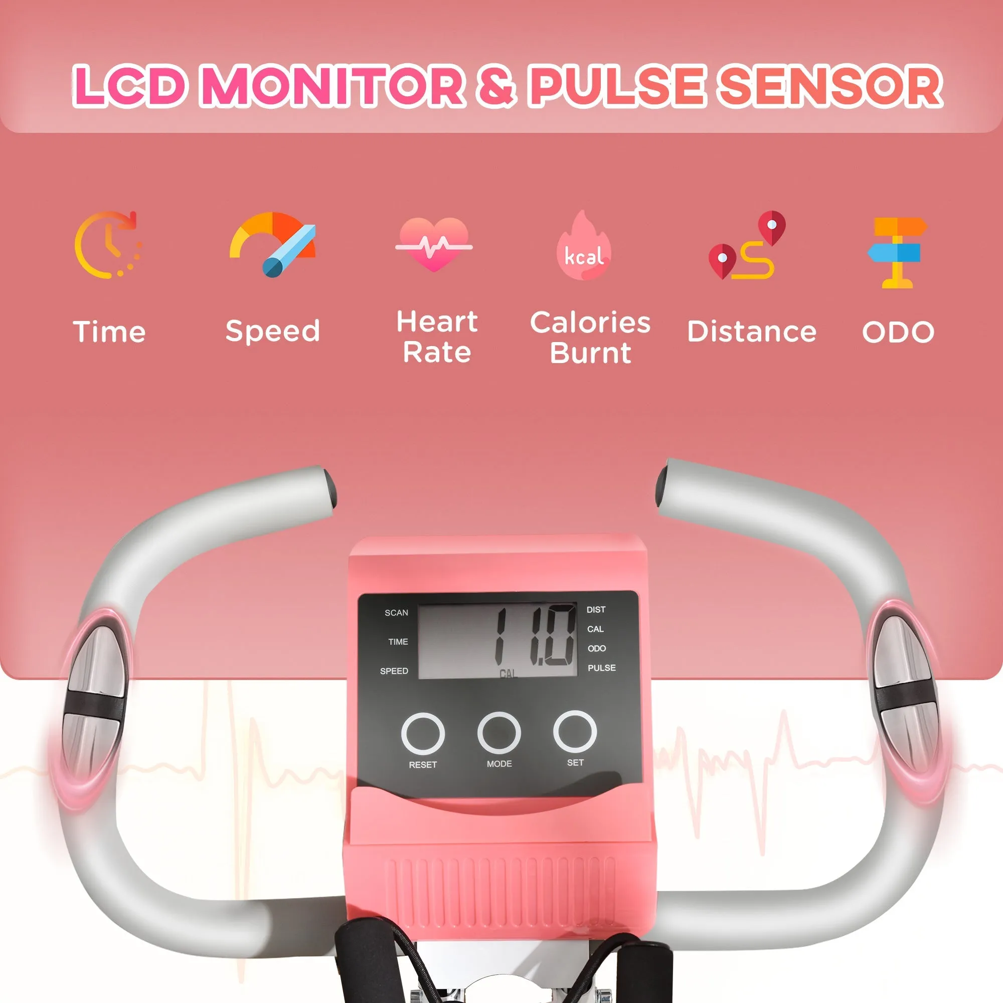 2-in-1 Upright  Exercise Bike Stationary Foldable Magnetic Recumbent Cycling with Arm Resistance Bands Pink