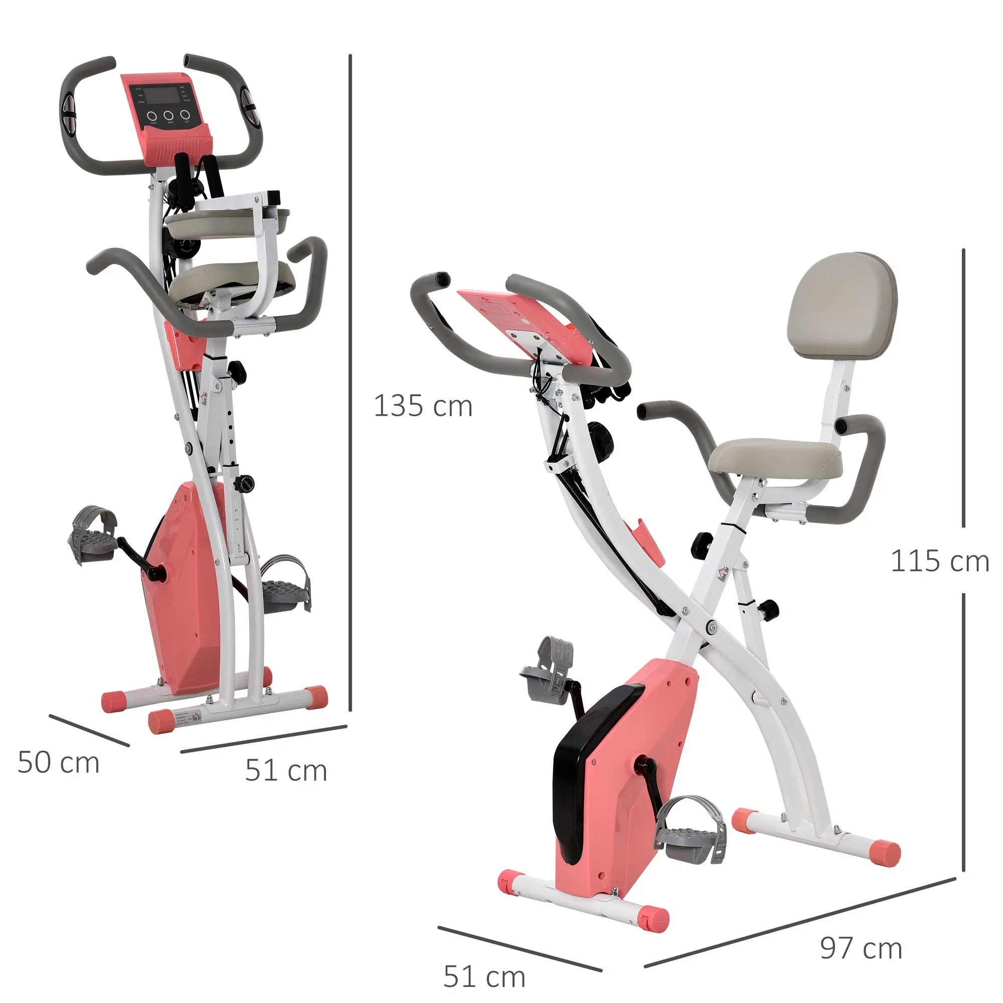 2-in-1 Upright Exercise Bike Stationary Foldable Magnetic Recumbent Cycling with Arm Resistance Bands Pink