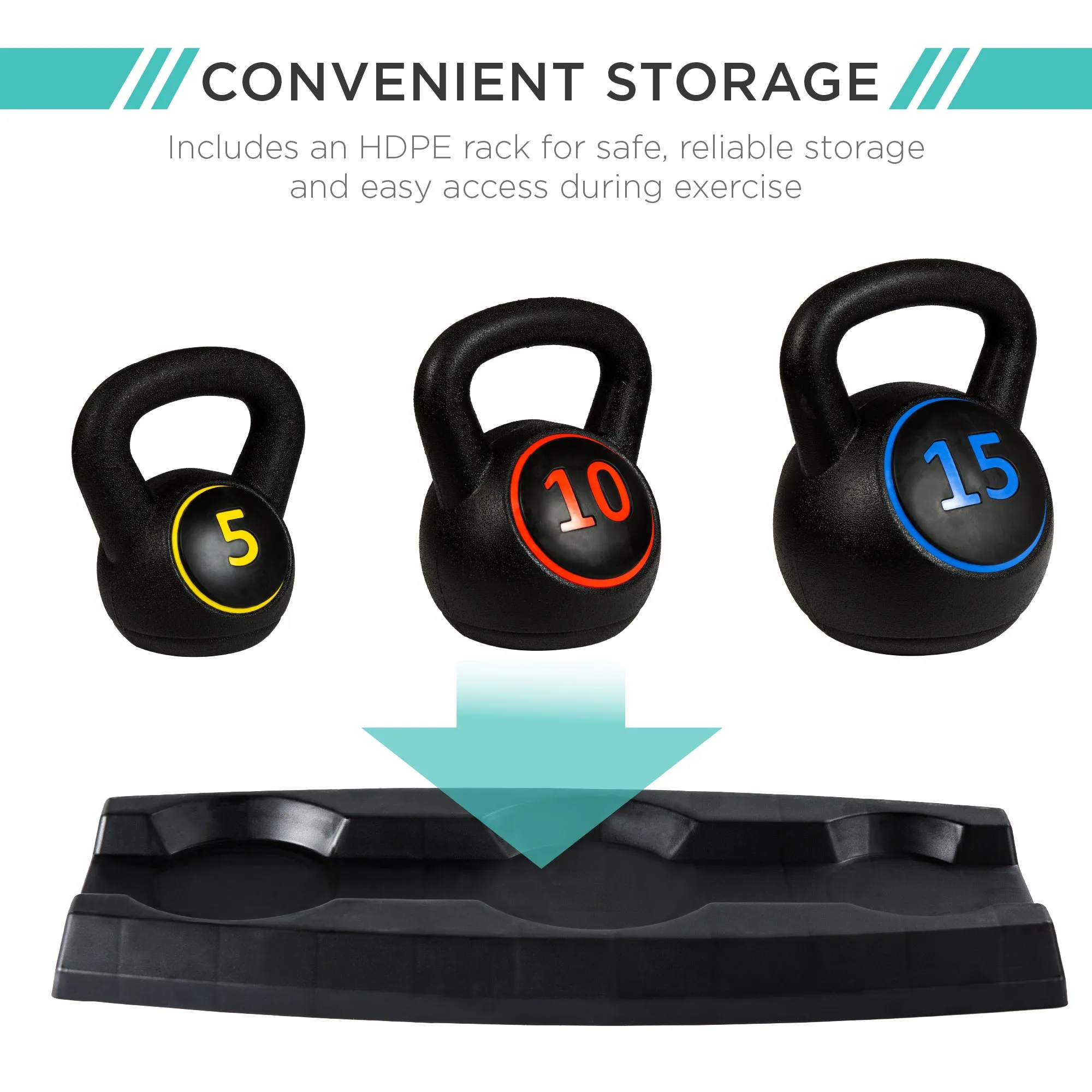 3-Piece Kettlebell Exercise Fitness Weight Set w/ Storage Rack