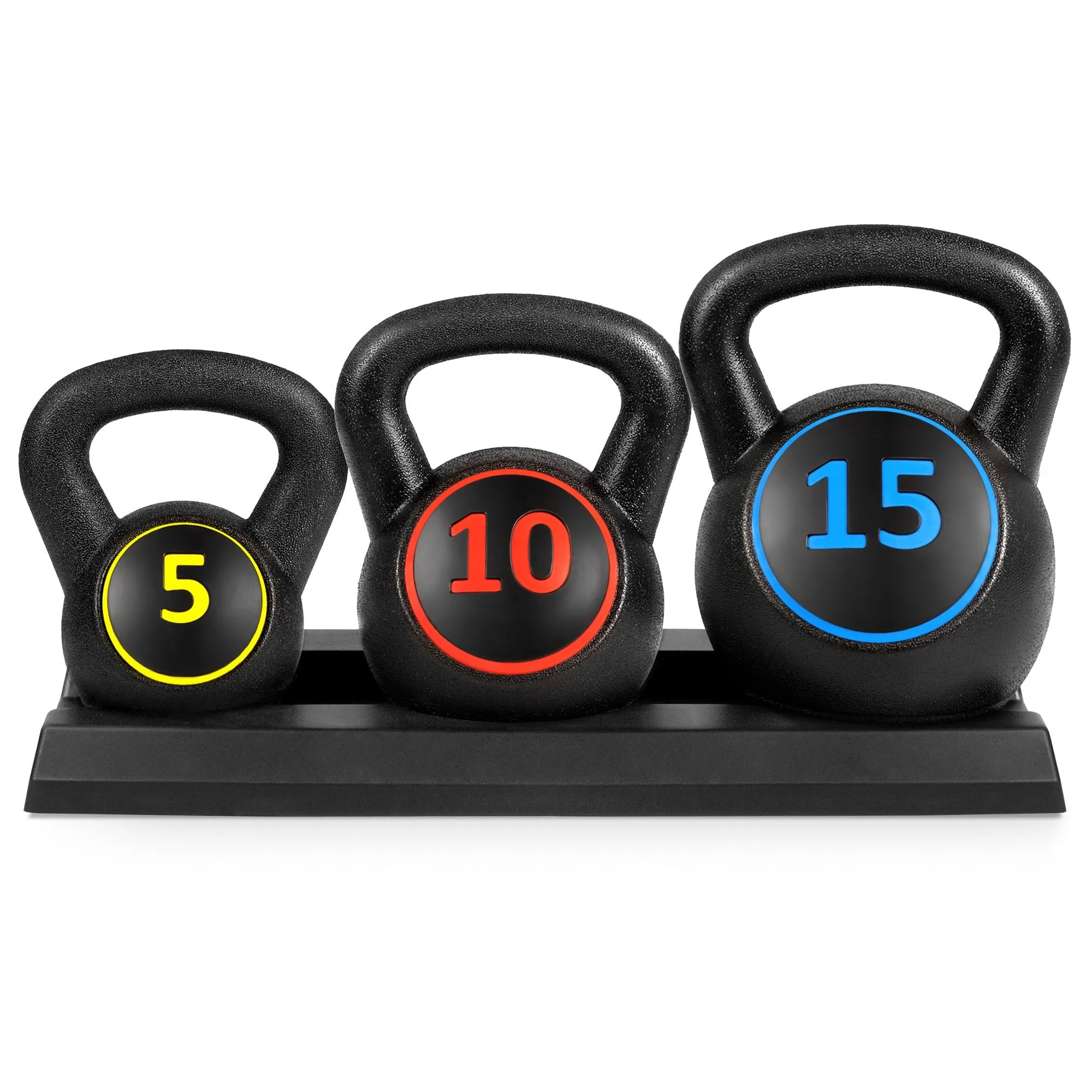 3-Piece Kettlebell Exercise Fitness Weights Set w/ Base Rack - Black