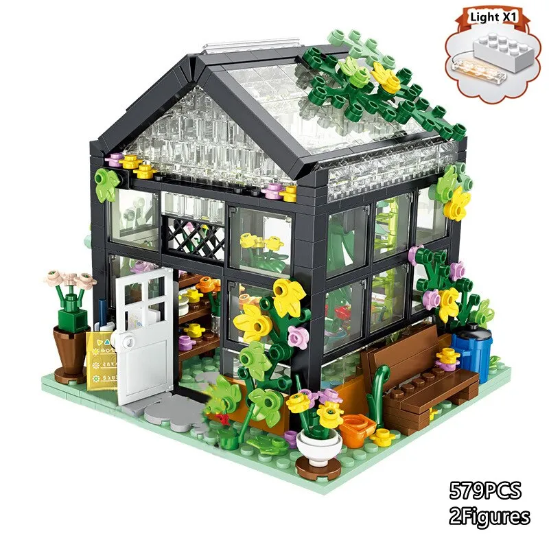 579pc Glass Flowers House Coffee Shop Building Blocks City Friends Greenhouse Bricks Toys For Kids Girl Birthday Gift