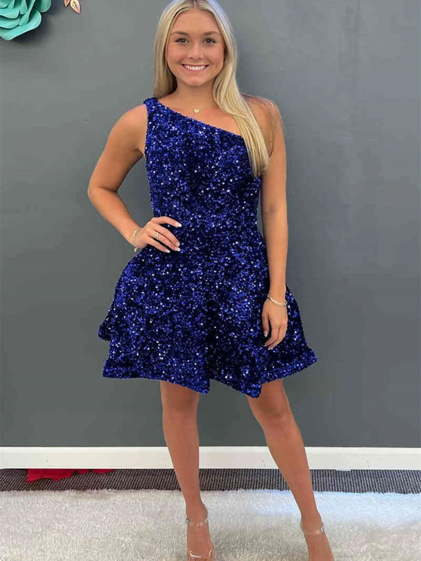 A-Line One Shoulder Royal Blue Short Homecoming Dress Graduation