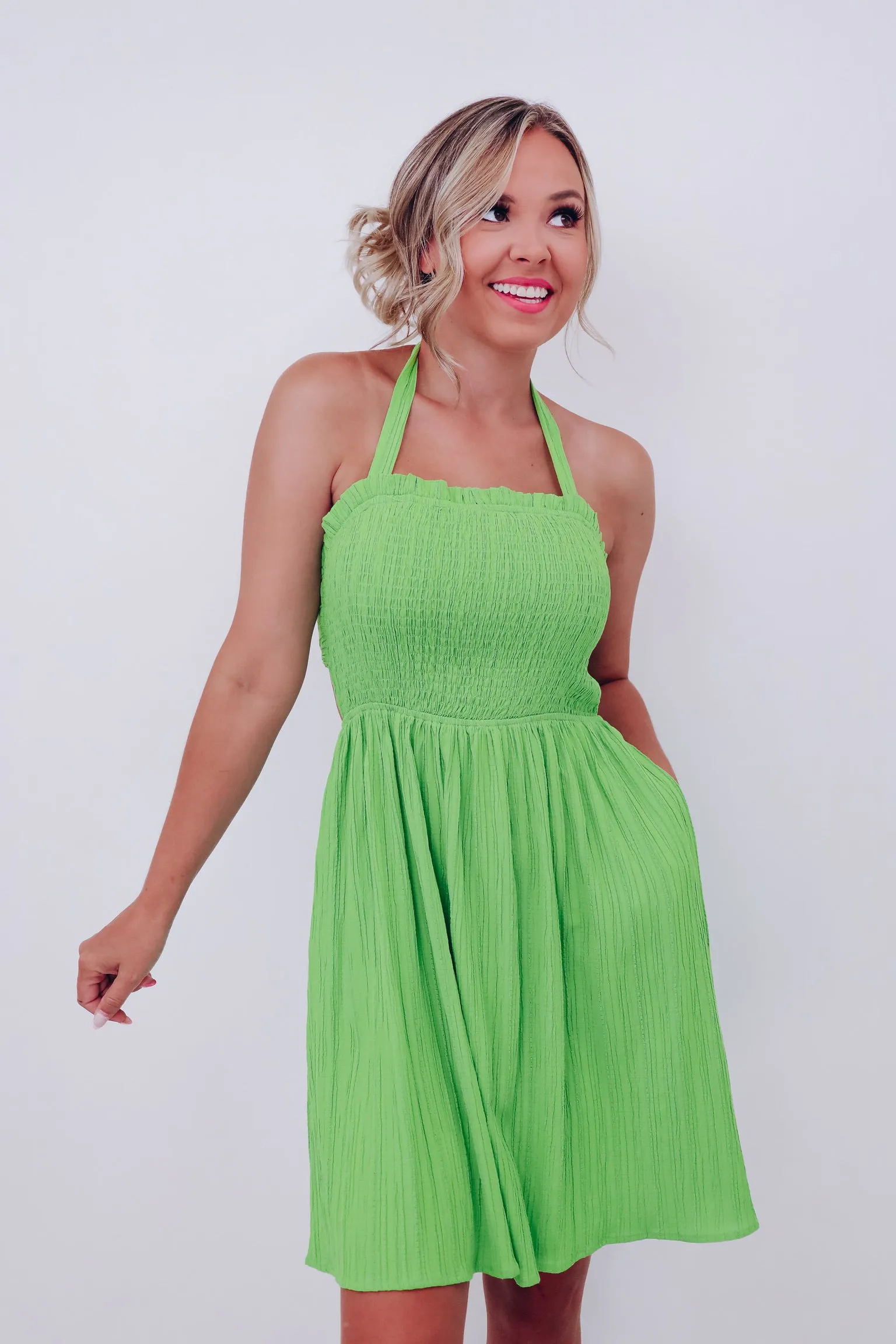 A Little Sunshine Smocked Halter Dress - Green