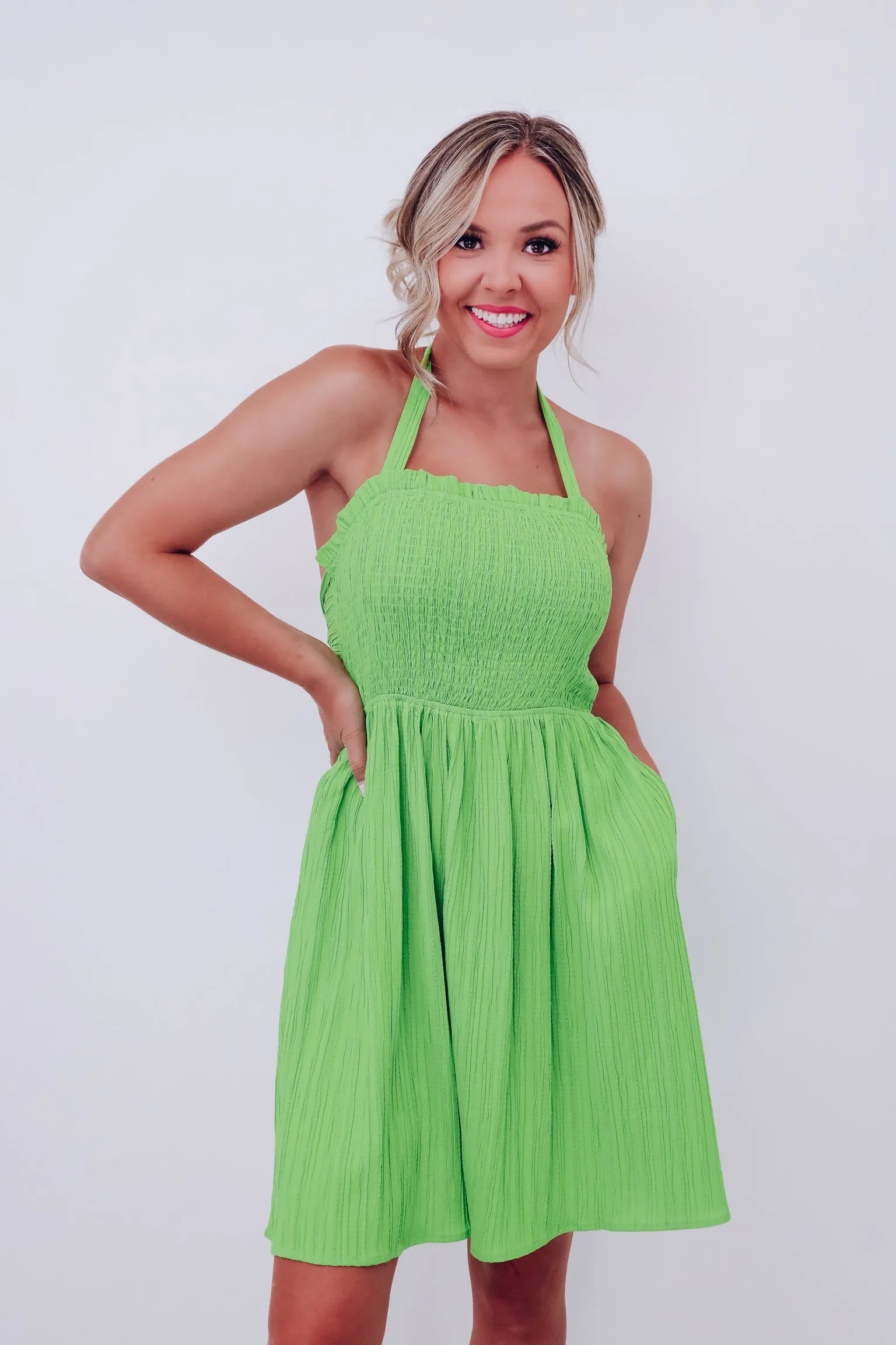 A Little Sunshine Smocked Halter Dress - Green