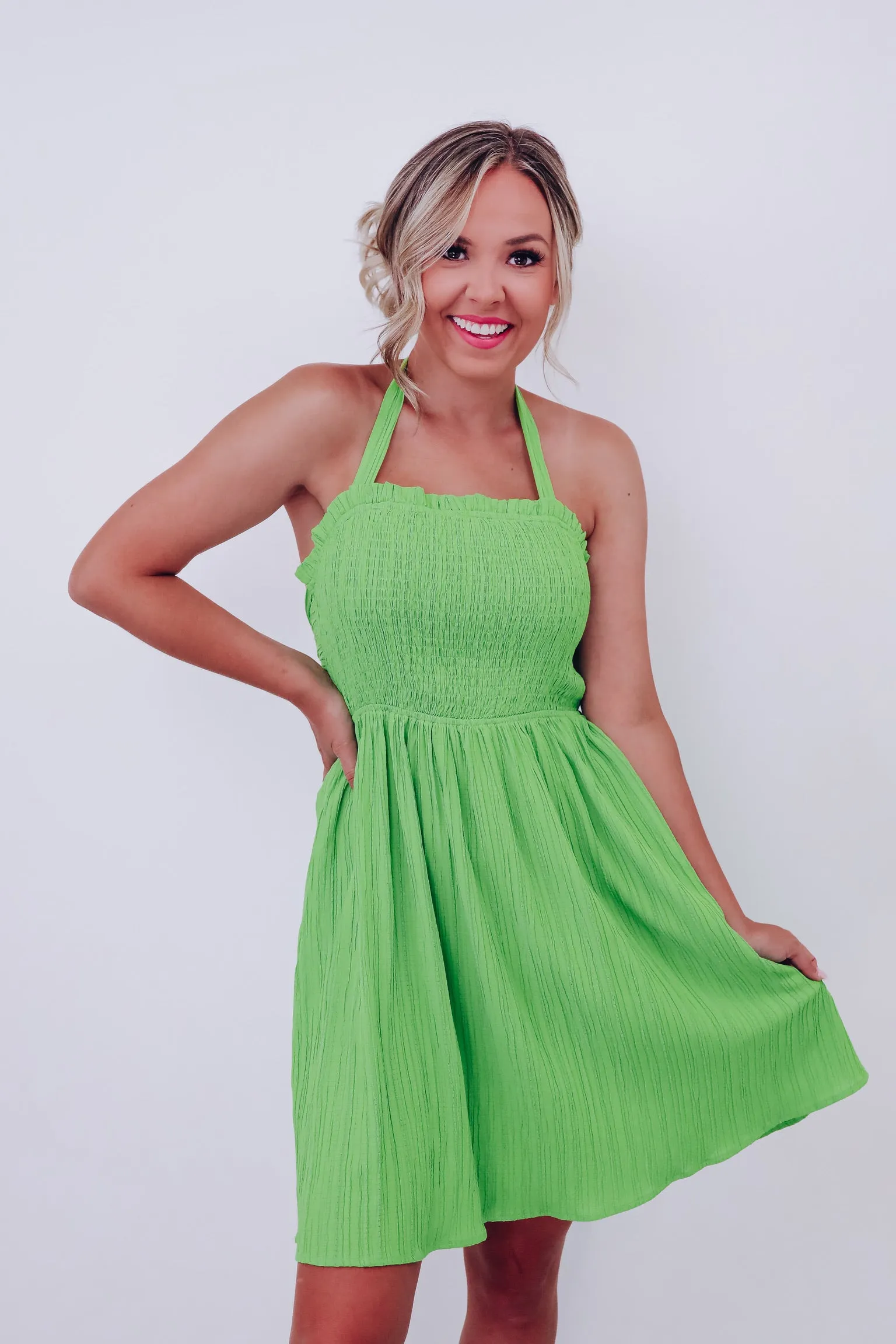 A Little Sunshine Smocked Halter Dress - Green