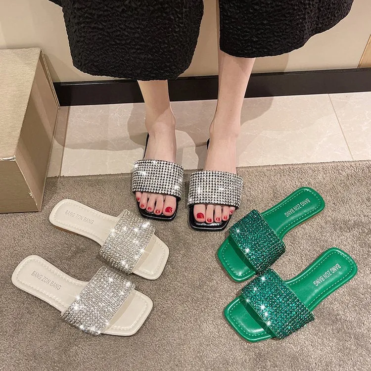 Amozae  Summer Rhinestone Slippers New Women Fashion Wild Beach Flip Flops Bright Flat Bottom Outdoor Sandals For Women Shoes