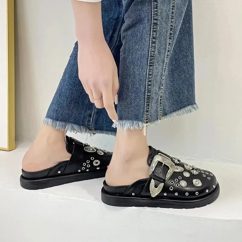 Amozae Summer Women Slippers Platform Rivets Punk Rock Leather Mules Creative Metal Fittings Casual Party Shoes Female Outdoor 0823