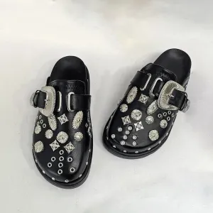 Amozae Summer Women Slippers Platform Rivets Punk Rock Leather Mules Creative Metal Fittings Casual Party Shoes Female Outdoor 0823