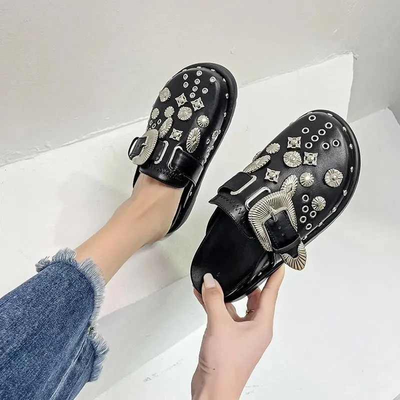 Amozae Summer Women Slippers Platform Rivets Punk Rock Leather Mules Creative Metal Fittings Casual Party Shoes Female Outdoor 0823