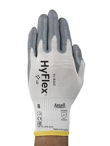 Ansell HyFlex 11-800 Professional Work Gloves, Abrasion Resistant Nitrile Coating with Firm Grip, Multipurpose Protection Gloves, Mechanical and Industrial Safety, White, Size L (1 Pair)