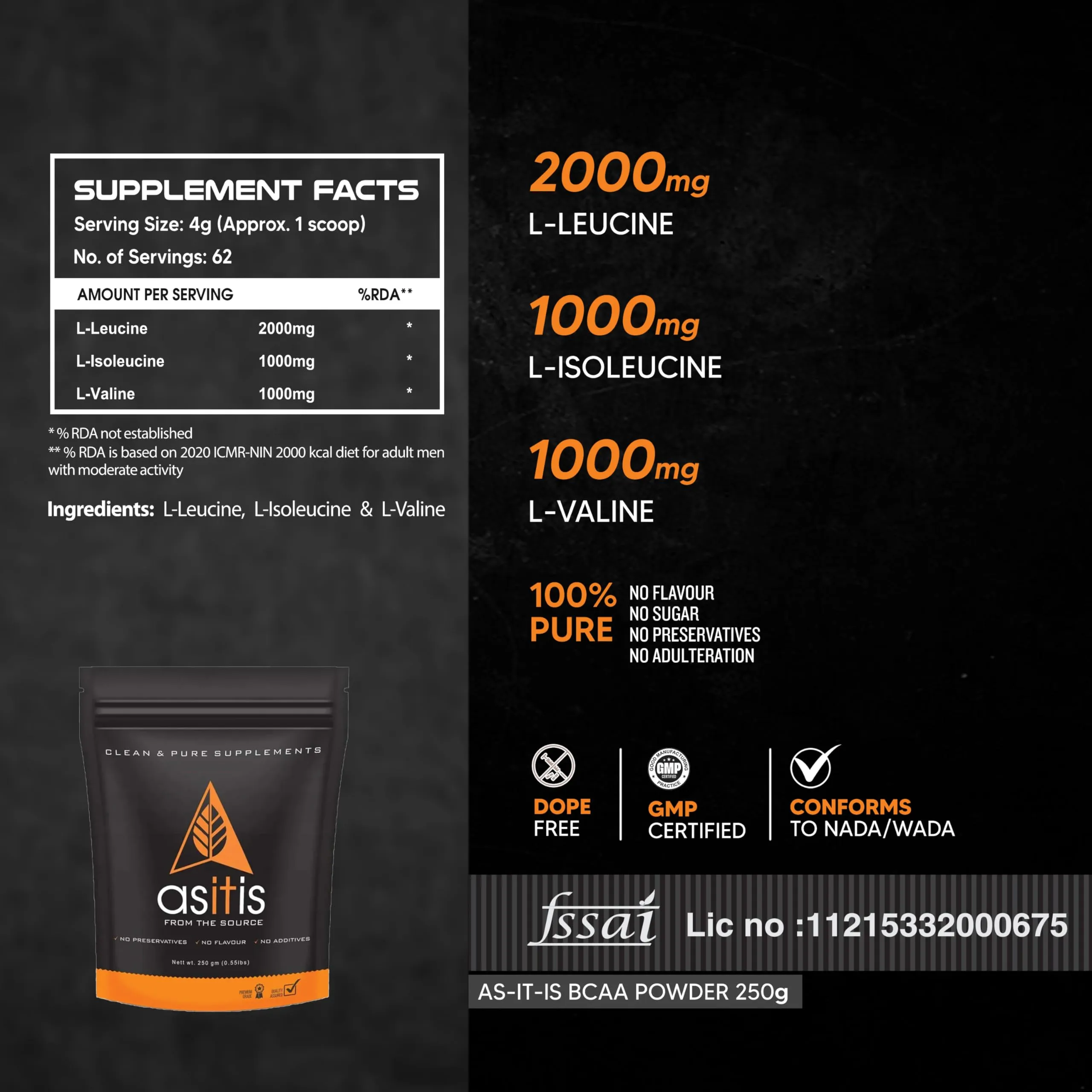 AS-IT-IS Nutrition BCAA 100% Pure Powder Pre/Post Workout Supplement -Pack of 250 Gms