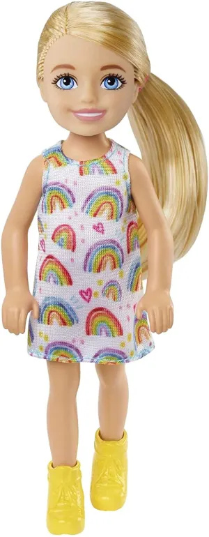 Barbie Chelsea Doll (Blonde) Wearing Rainbow-Print Dress and Yellow Shoes, Toy for Kids Ages 3 Years Old & Up