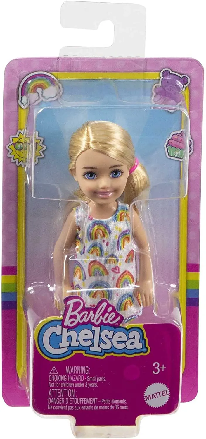 Barbie Chelsea Doll (Blonde) Wearing Rainbow-Print Dress and Yellow Shoes, Toy for Kids Ages 3 Years Old & Up