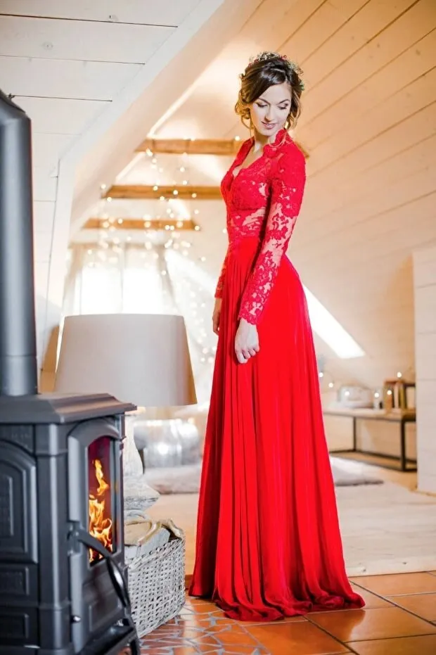 Beautiful Red Wedding Dresses,Wedding Dress with Long Sleeves