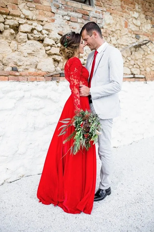 Beautiful Red Wedding Dresses,Wedding Dress with Long Sleeves