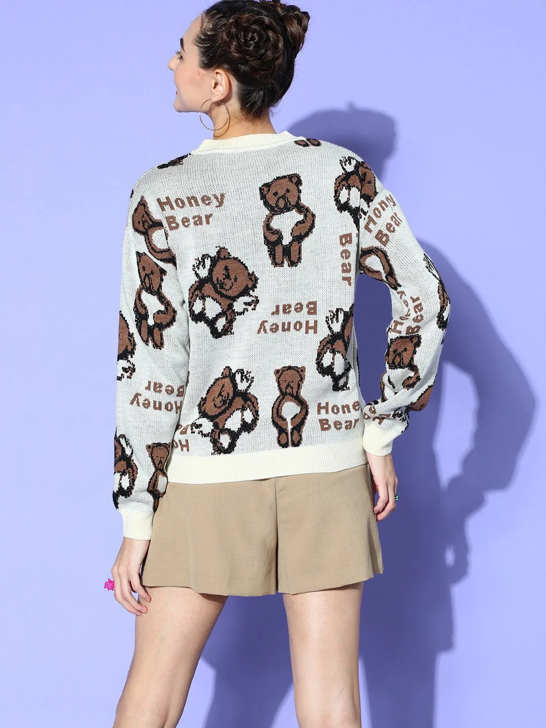 Berrylush Women Grey & Brown Teddy Bear Printed Round Neck Acrylic Ribbed Hem Pullover