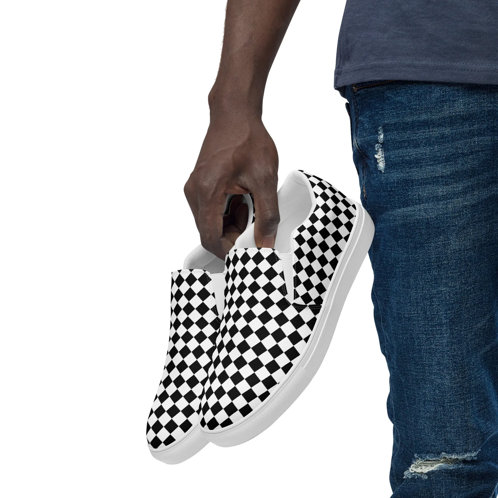 Black and White Checkered Men's Slip On Canvas Shoes