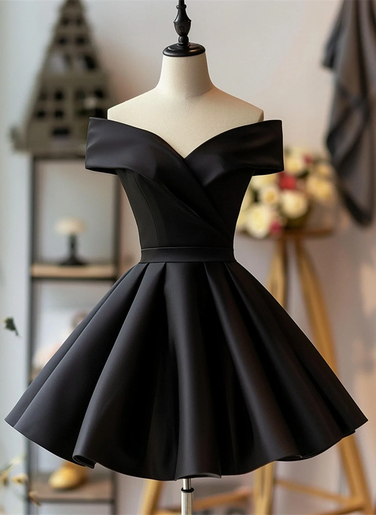 Black Satin Off Shoulder Knee Length Homecoming Dress, Black Party Dress