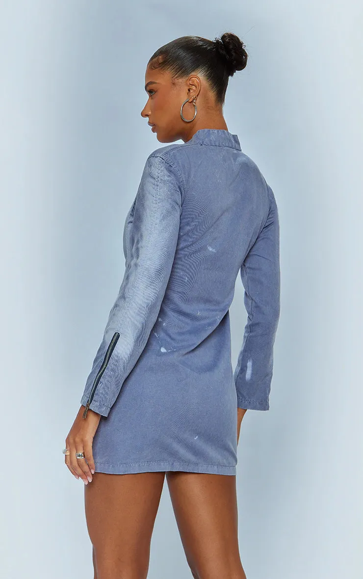 Blue Acid Wash Zip Up Long Bodycon Dress