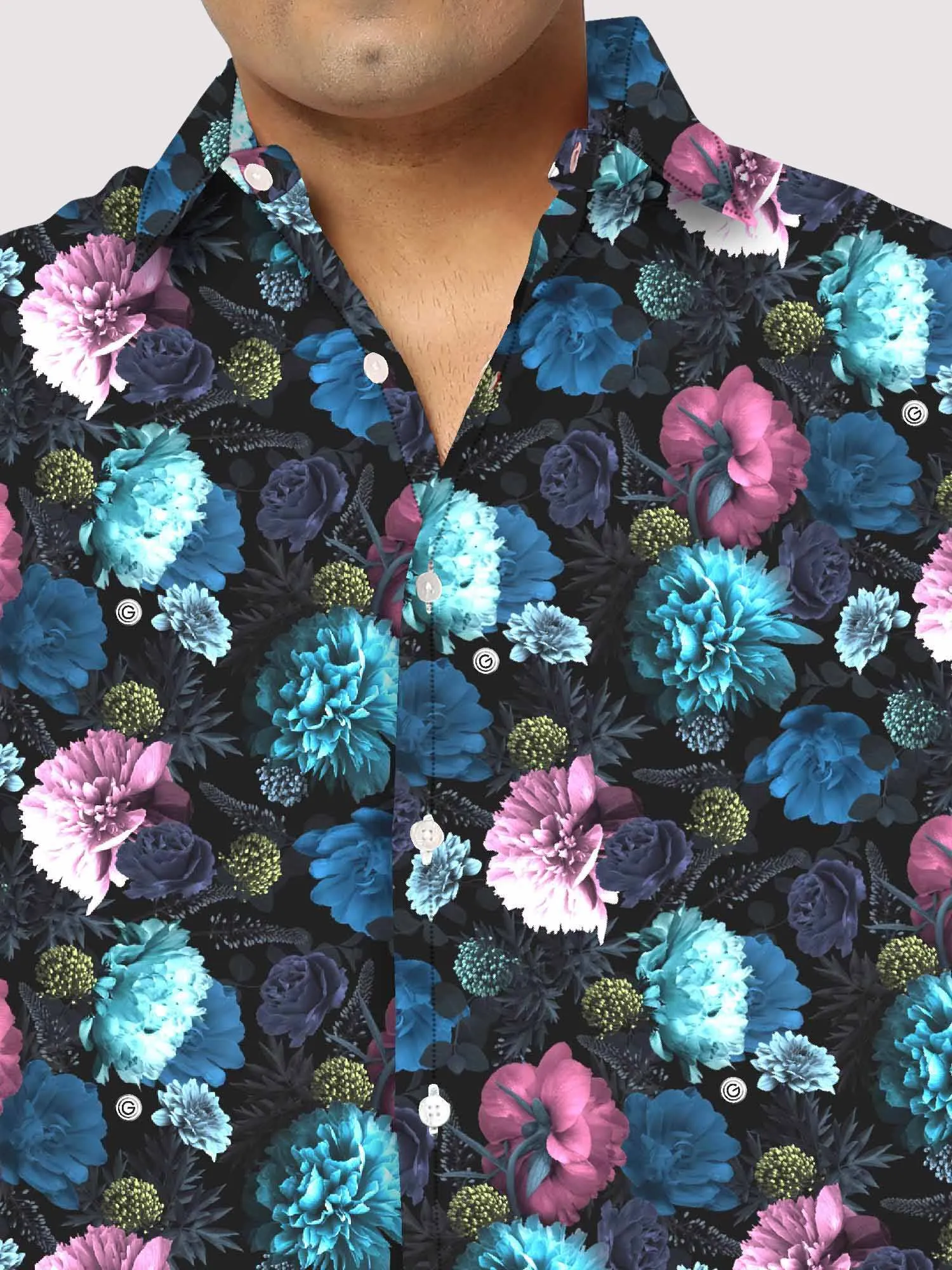 Blue and Pink Flowers Digital Printed Half Sleeve Shirt Men's Plus Size