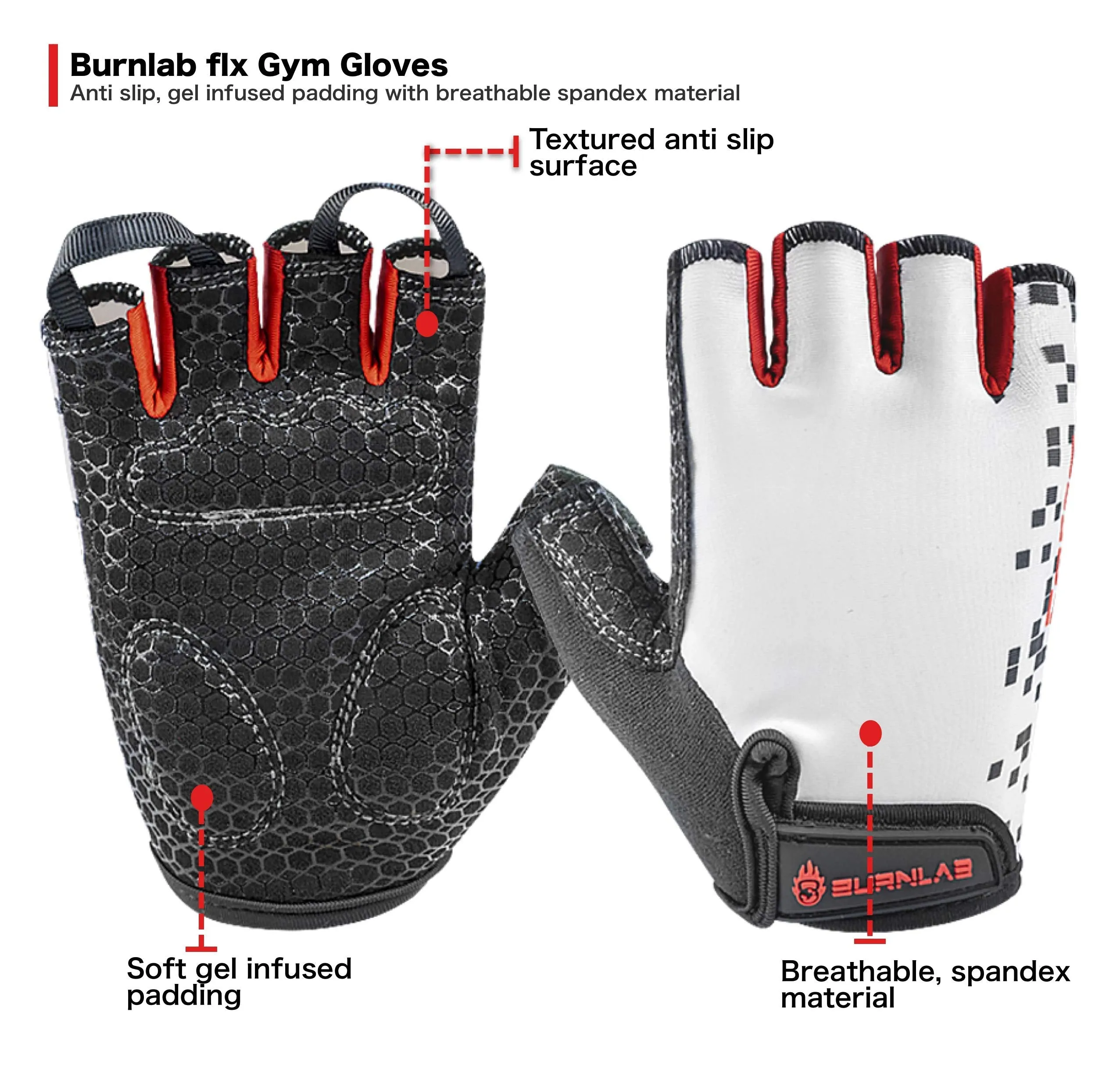 BURNLAB Flex Gym Gloves for Men and Women - Ideal for weightlifting, cycling, crossfit, offers good Grip and soft padding (Force White, Small)