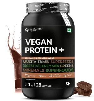 Carbamide Forte Plant Protein Powder - Plant Based Pea Protein Powder with Multivitamin, Minerals, Superfoods, Digestive Enzymes - Belgian Chocolate Flavour - 1Kg