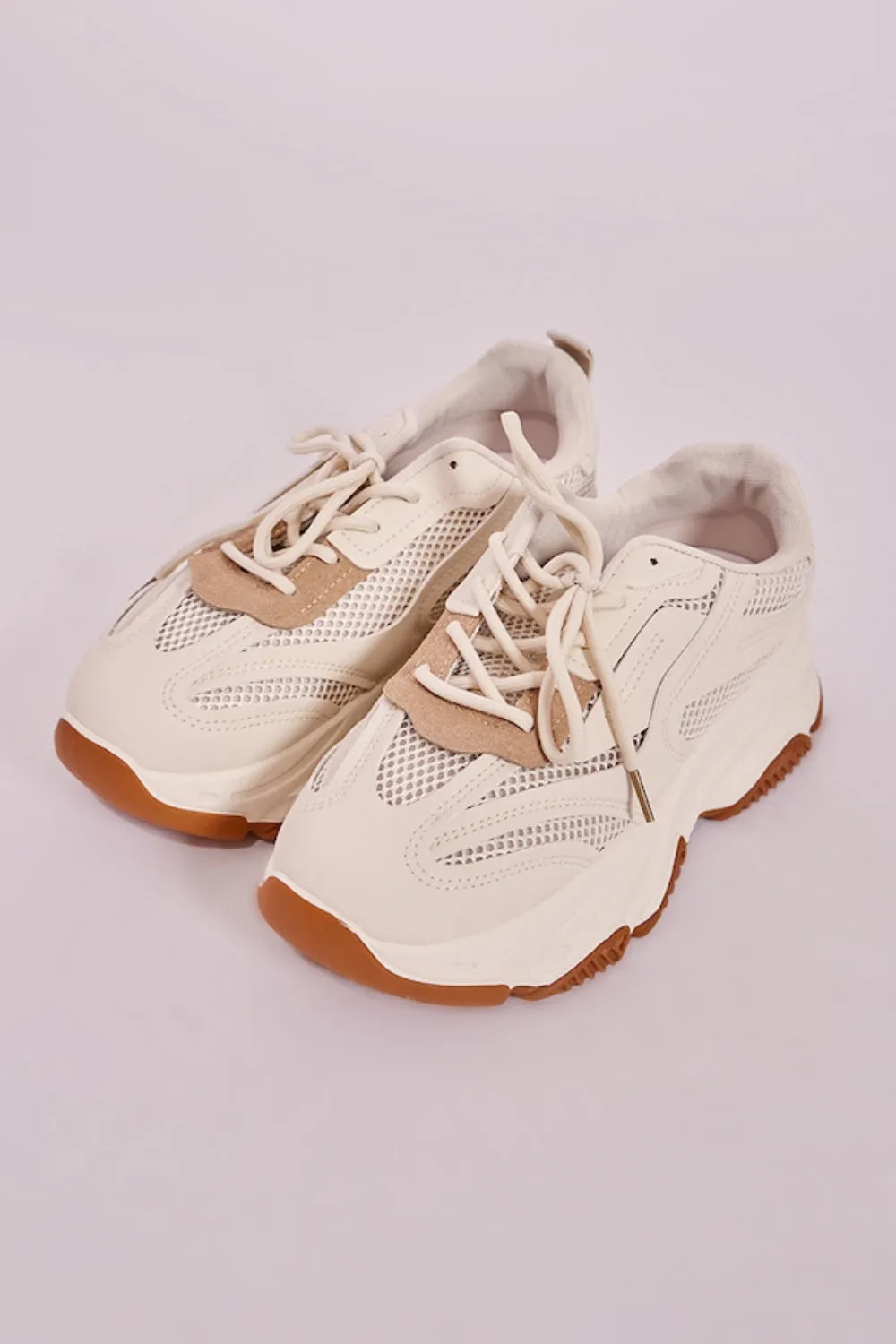 CREAM CHUNK SOLE TONAL MESH CONTRAST LACE UP TRAINERS