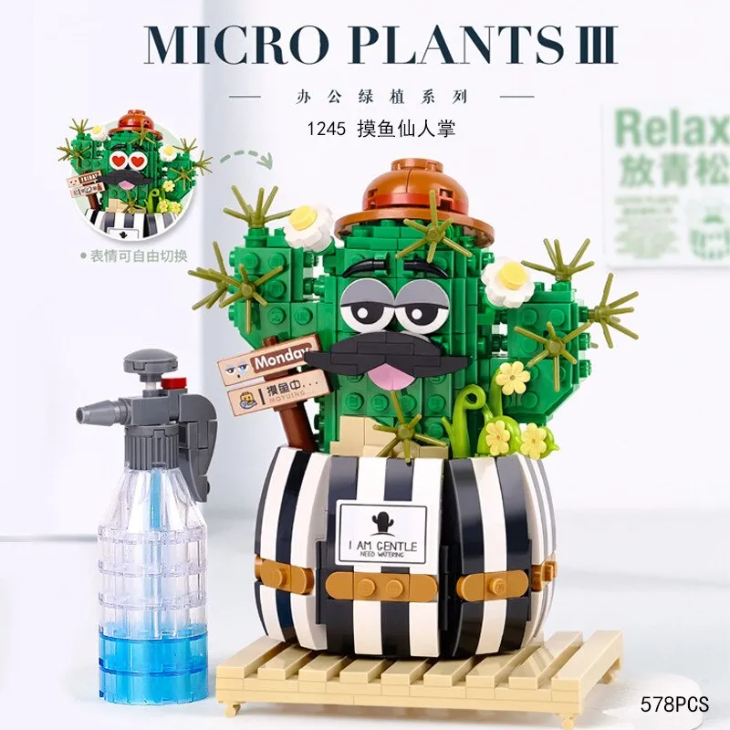 Creative Funny Cactus Building Blocks Diy Simulation Succulent Potted Green Plant Flower 3D Model Mini Brick Children's Toy Gift