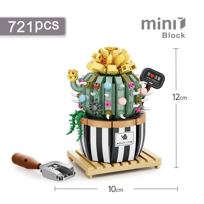 Creative Funny Cactus Building Blocks Diy Simulation Succulent Potted Green Plant Flower 3D Model Mini Brick Children's Toy Gift