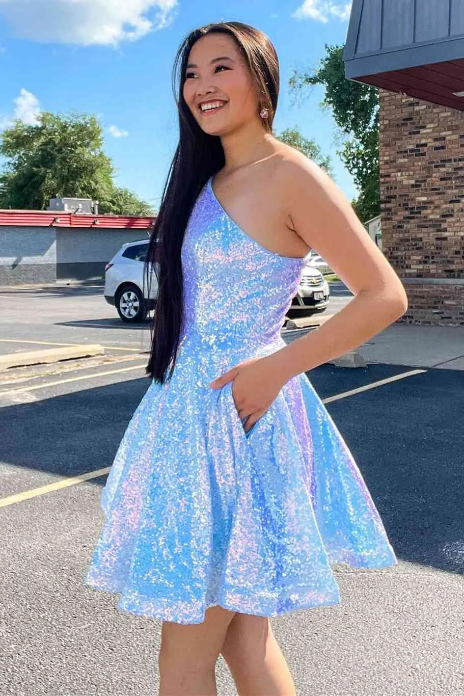 Cute A-Line One Shoulder Sequined Short Homecoming Dress with Pockets