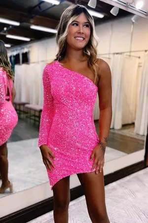 Cute Spakrly One Shoulder Sequins Pink Homecoming Dresses PD567