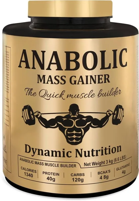 Dynamic Nutrition Anabolic Mass & Weight Gainer With High Calories 1340 For Bulk Gain For Pre & Post Workout With Digezyme Blend & Ashwagandha Extract (Chocolate 3 Kg/6.6Lbs), Powder