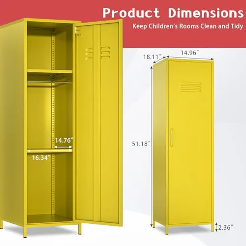 erosoei 1 Door 51.3" Metal Locker Storage Cabinet Steel Kids Wardrobe Changing Room Locker Cabinet Box with 2 Adjustable Shelves Steel Locker File Cabinet Organizer for School Gym Home Office