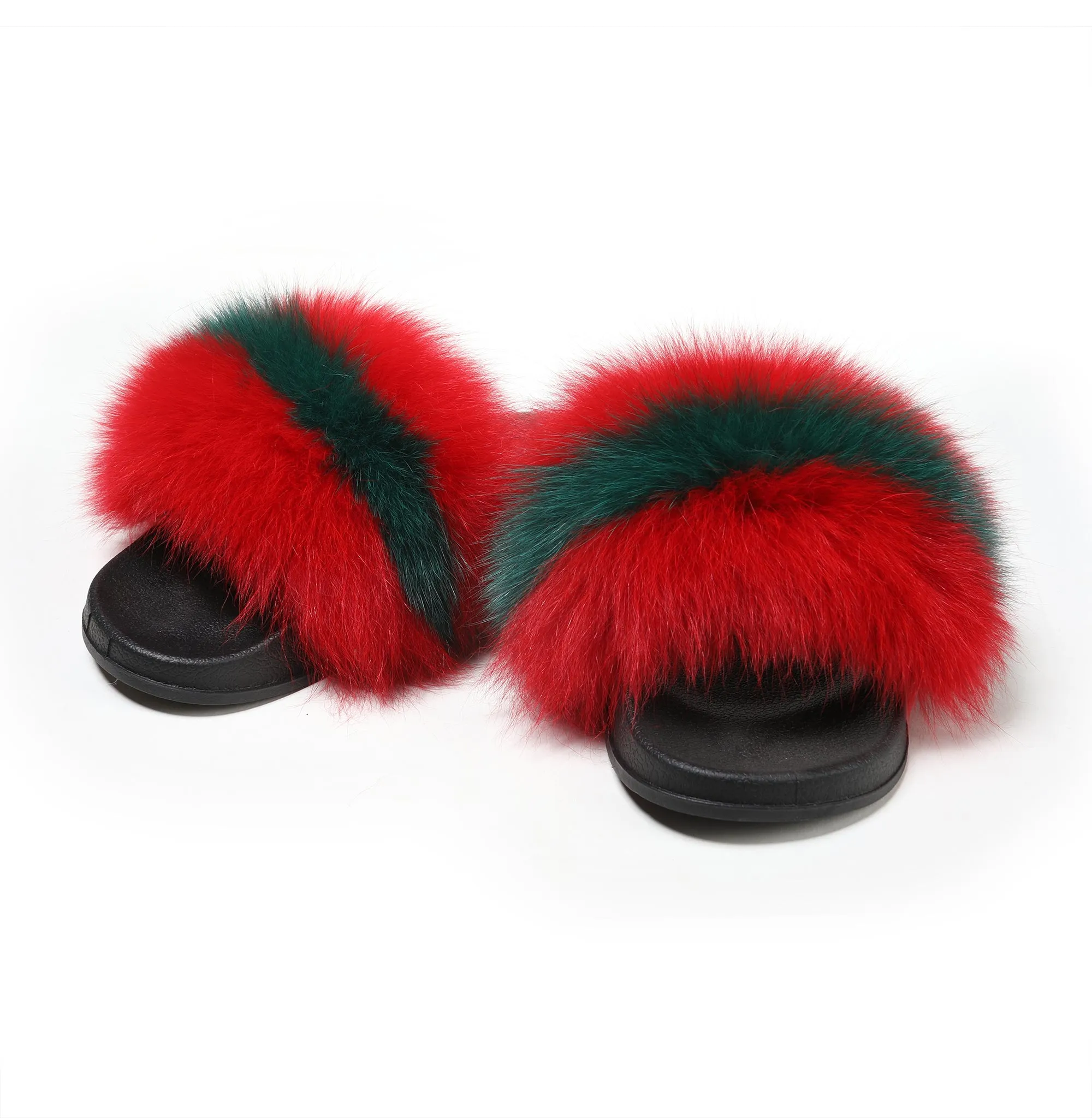 Fur Story Women's Fox Fur Slides Furry Slide for Outdoor Fluffy Sandals Open Toe Fur Slippers