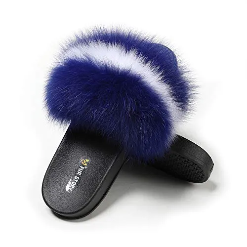 Fur Story Women's Fox Fur Slides Furry Slide for Outdoor Fluffy Sandals Open Toe Fur Slippers