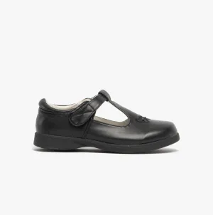 Girls Touch Fasten T-Bar School Shoes Black Matt