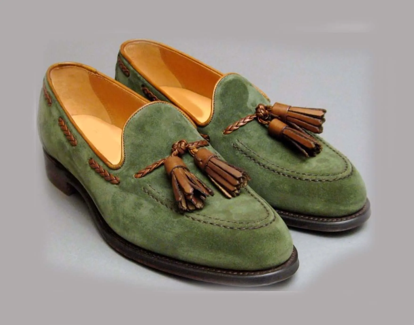 Handamde Green Suede Leather Shoes, Men Leather Shoes, Men's Slippers