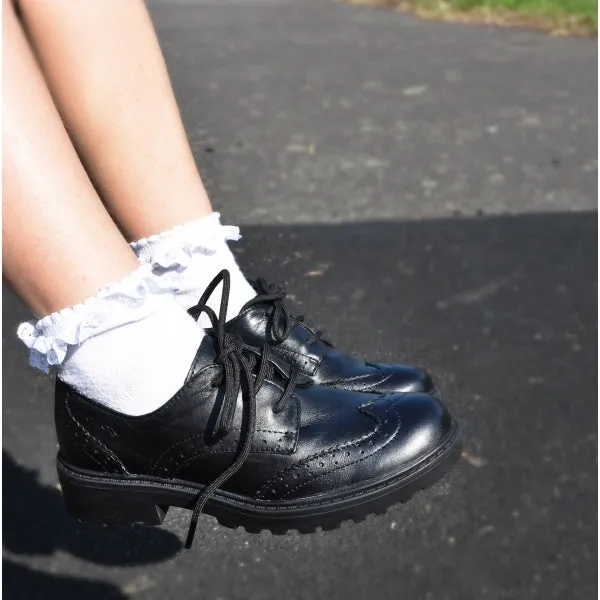 JR CASEY Girls Leather Brogue School Shoes Black