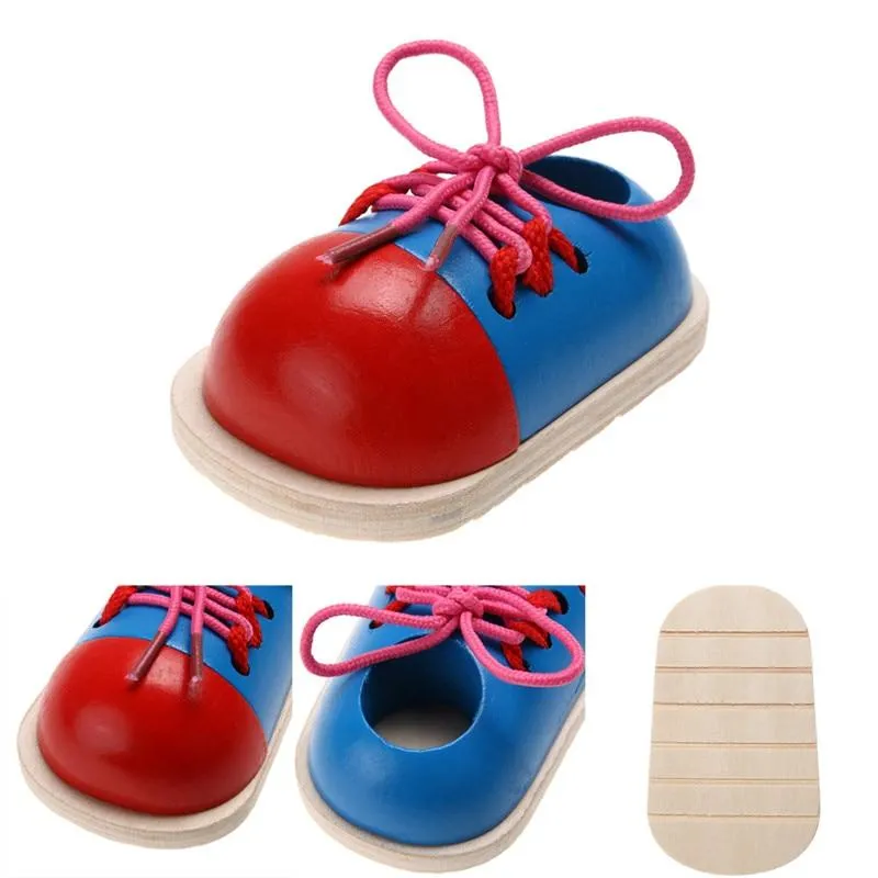 Kids Montessori Educational Toys Children Wooden Toys Toddler Lacing Shoes Early Education Montessori Teaching Aids Puzzle 1pcs