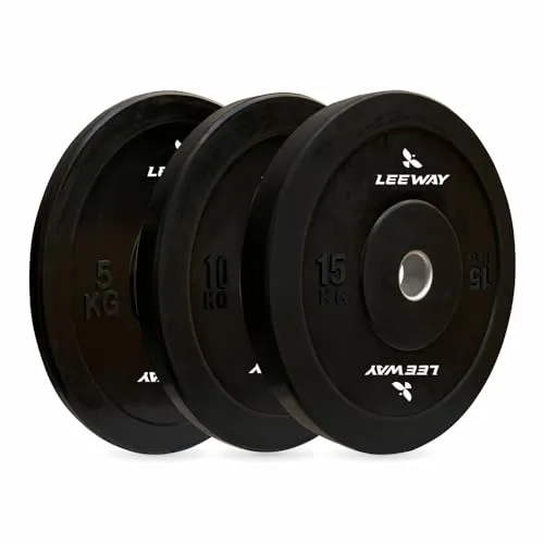 LEEWAY Olympic Black Bumper Plates, (60kg combo)| Rubber Bumper Weight Plates with 50 mm Dia| Olympic Barbell Bar Weight Plate for Weightlifting/Strength Training| Weight Plate (60kg Set(5X2 10X2 15X2))