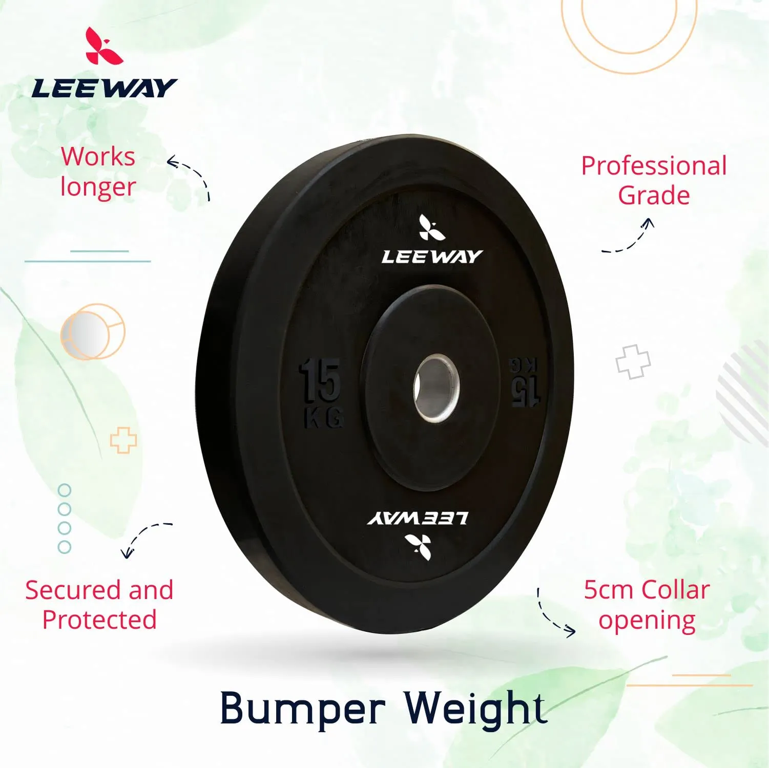 LEEWAY Olympic Black Bumper Plates, (60kg combo)| Rubber Bumper Weight Plates with 50 mm Dia| Olympic Barbell Bar Weight Plate for Weightlifting/Strength Training| Weight Plate (60kg Set(5X2 10X2 15X2))