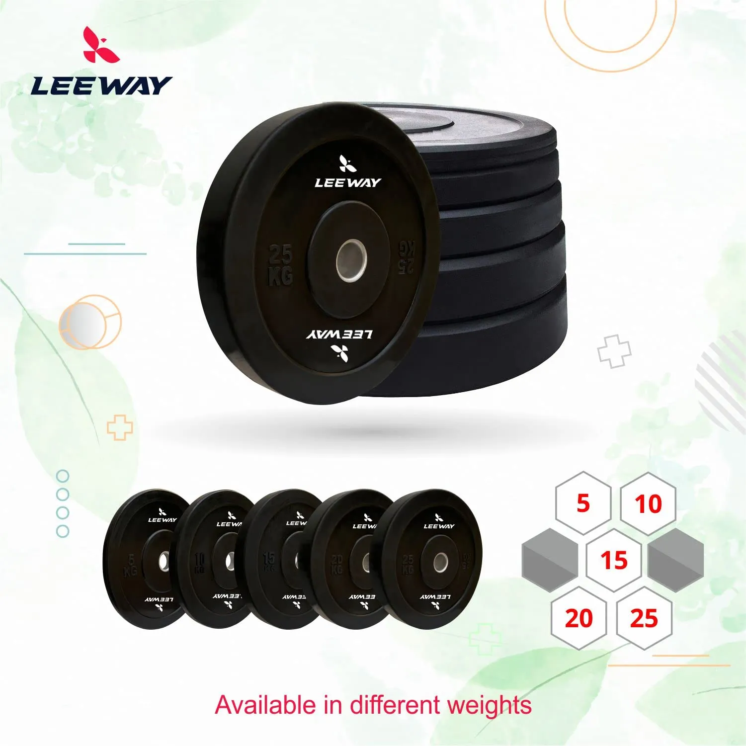 LEEWAY Olympic Black Bumper Plates, (60kg combo)| Rubber Bumper Weight Plates with 50 mm Dia| Olympic Barbell Bar Weight Plate for Weightlifting/Strength Training| Weight Plate (60kg Set(5X2 10X2 15X2))