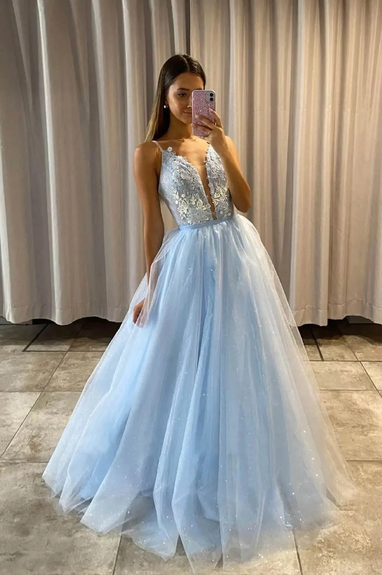 Light Blue Appliques Prom Dresses with Detachable Train,Elegant Tulle Formal Dress