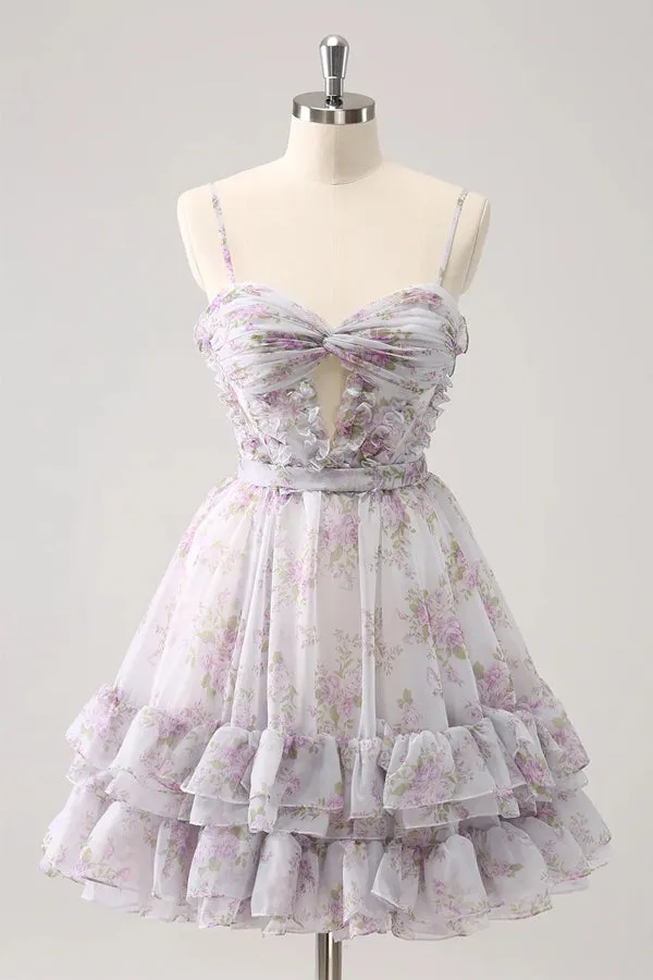 Lilac Floral Homecoming Dress Cute Homecoming Dress With Hole PD561