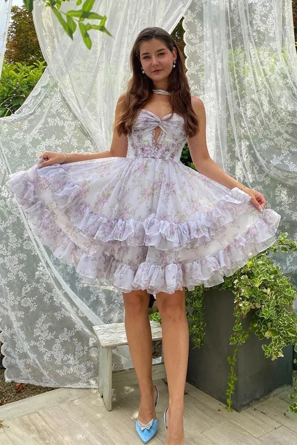 Lilac Floral Homecoming Dress Cute Homecoming Dress With Hole PD561