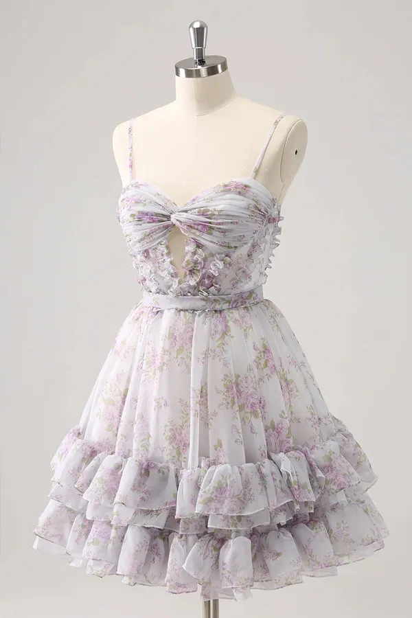 Lilac Floral Homecoming Dress Cute Homecoming Dress With Hole PD561