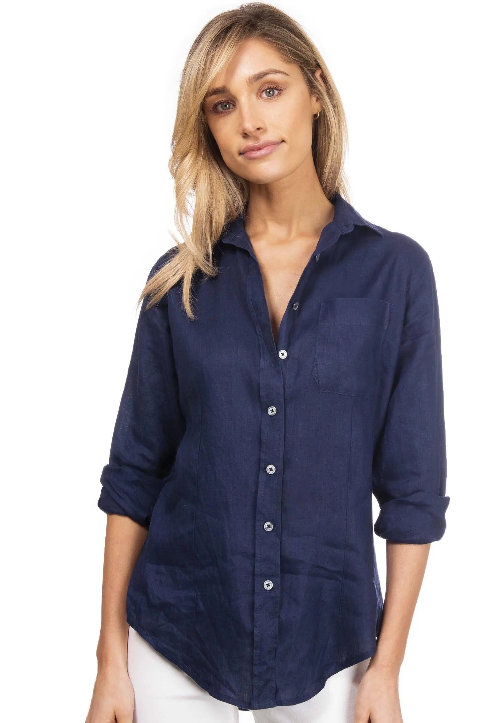 Lina Navy Blue Slim-Fit Linen Shirt