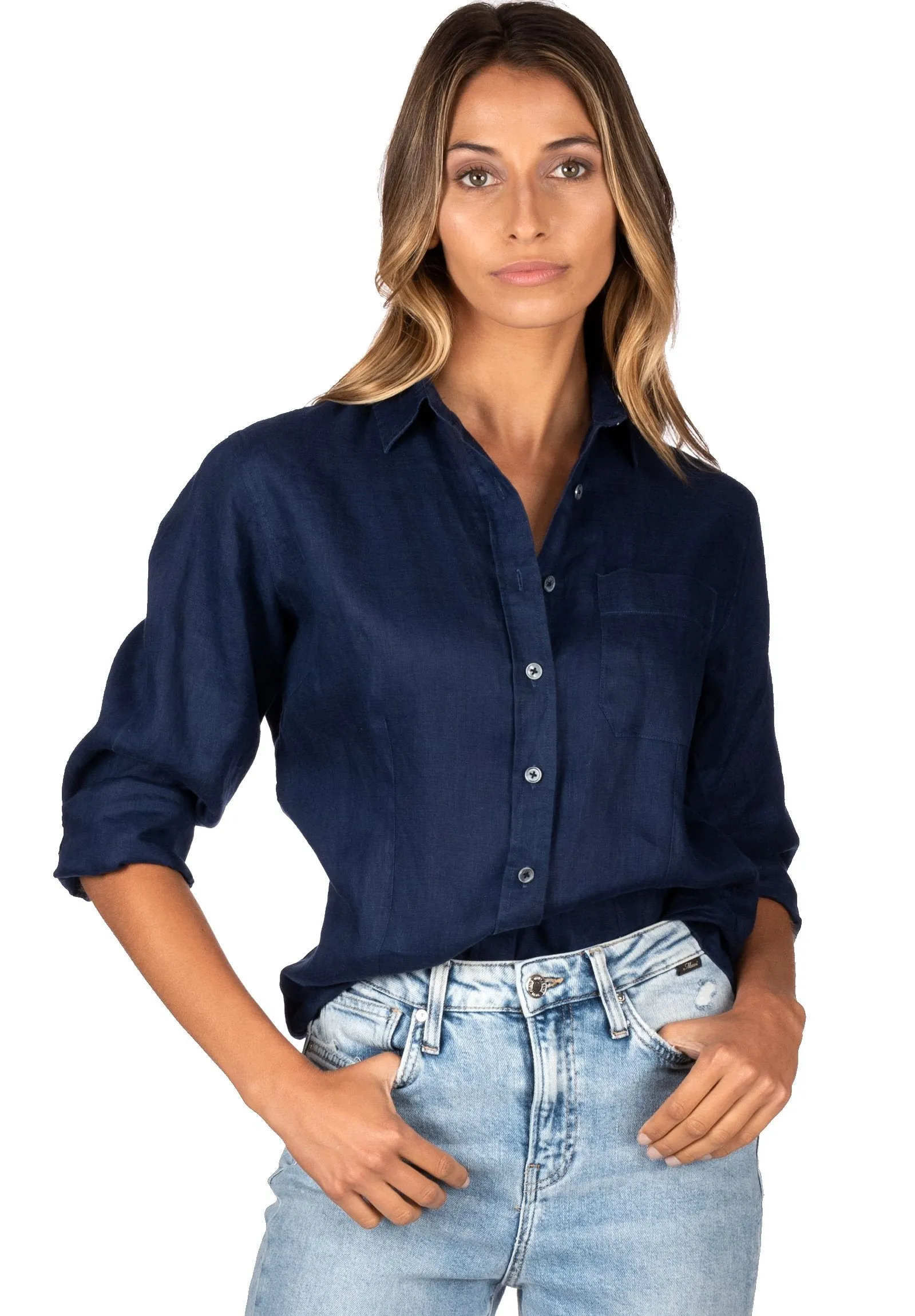 Lina Navy Blue Slim-Fit Linen Shirt