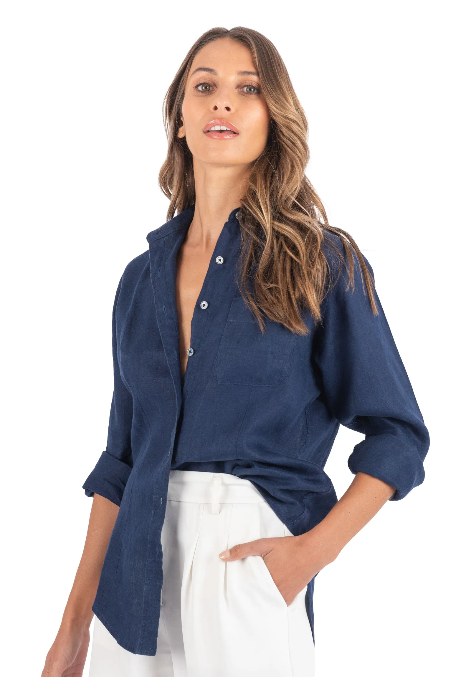 Lina Navy Blue Slim-Fit Linen Shirt